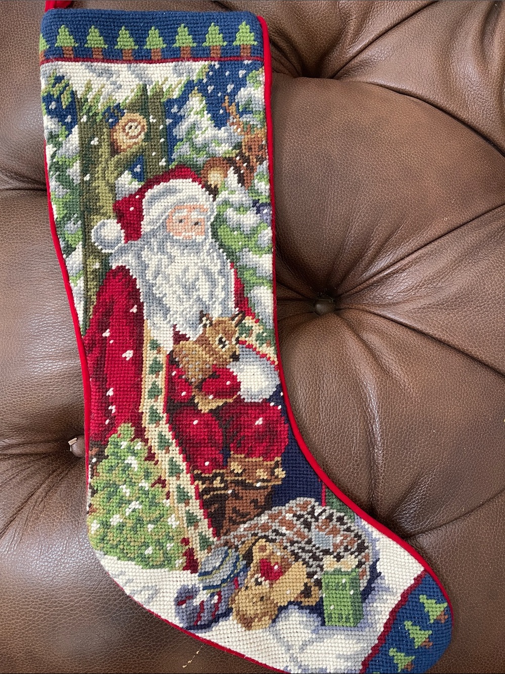 XL Wool Needlepoint Red Santa Christmas Stocking - Unbranded